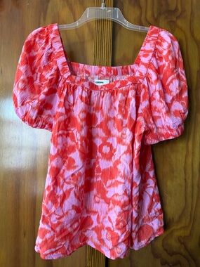 Sonoma Pink and Red Puff-Sleeve Square Neck Blouse